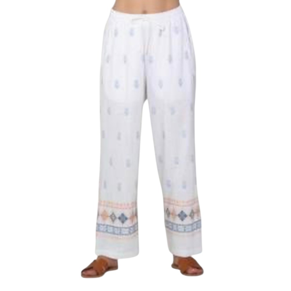 Paparazzi Womens White Blue Floral‎ Embroidered Wide Leg Tassel Pants Large L